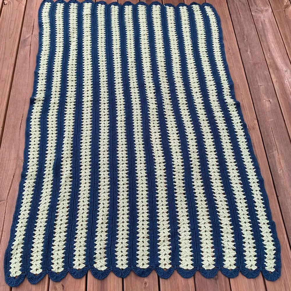 Vintage Crocheted Afghan Blanket Navy Blue Muted Green 65” x 46” Rounded Ends